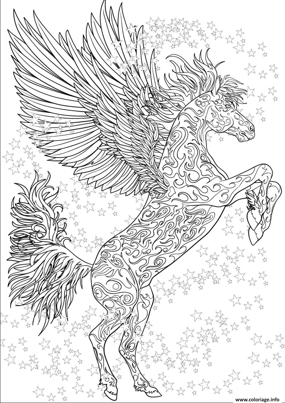 Coloriage Cheval Adulte Licorne Ailes Antistress Etoiles Dessin   Imprimer