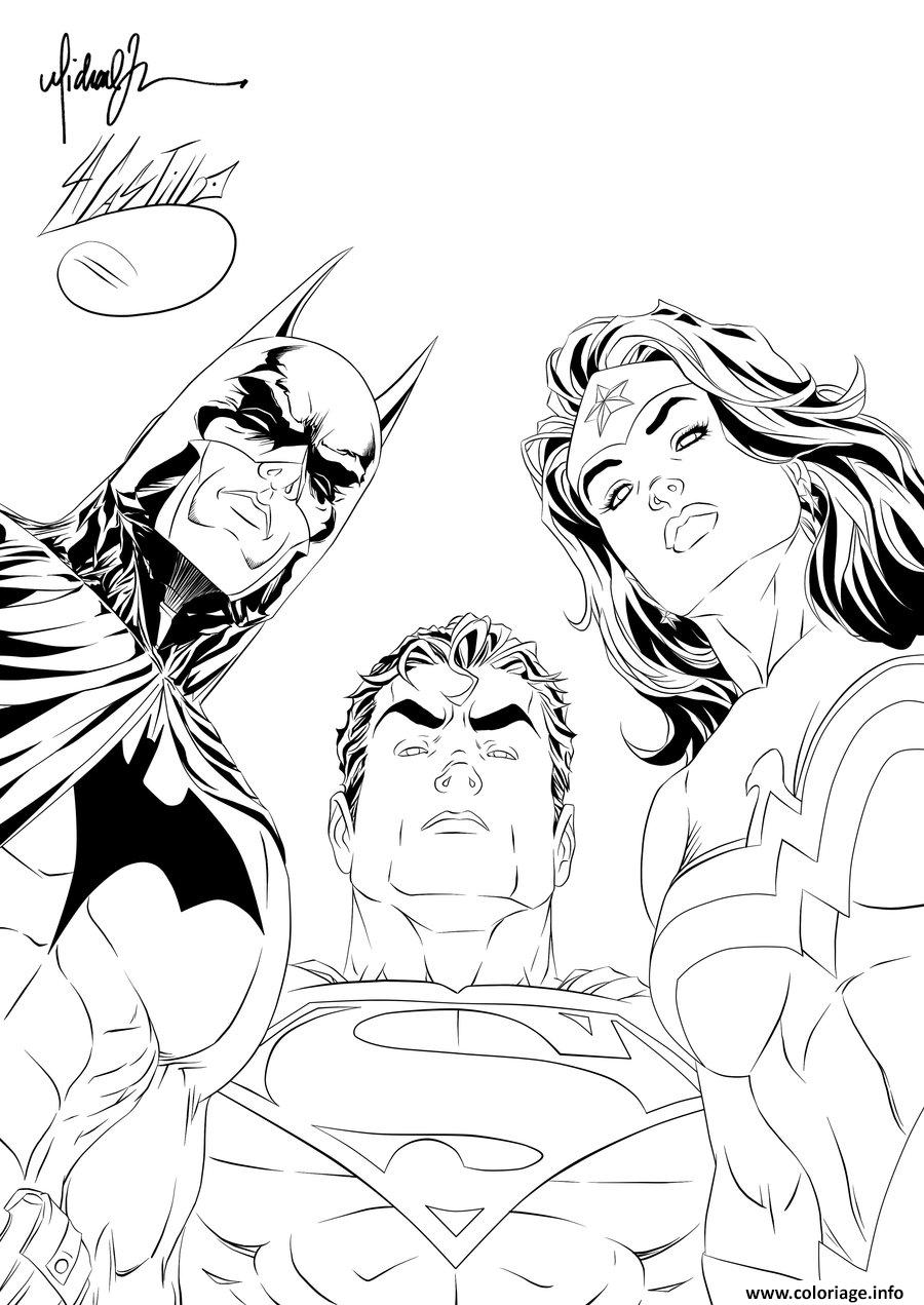 Coloriage Batman Superman Wonder Woman Looking At You Pour Adulte Dc ics Dessin   Imprimer