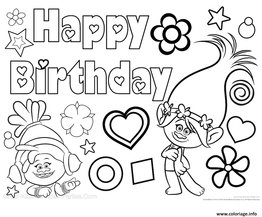 Coloriage Bonne Fete Happy Birthday Poppy Trolls Dessin   Imprimer