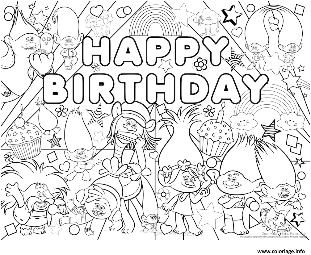 Coloriage Happy Birthday Bonne Fete Trolls Dessin   Imprimer