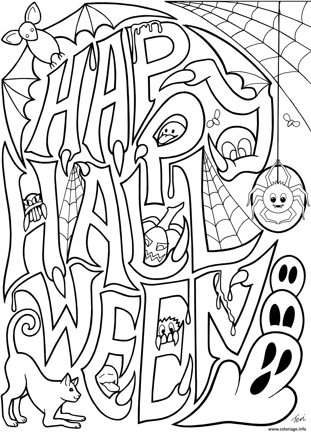 Coloriage halloween adulte happy halloween doodle  JeColorie.com