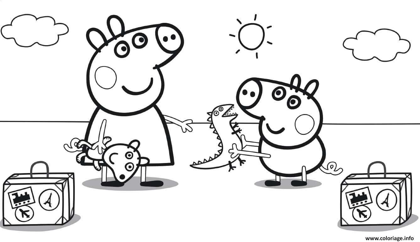 Coloriage Peppa Pig en Vacance avec valises  JeColorie.com