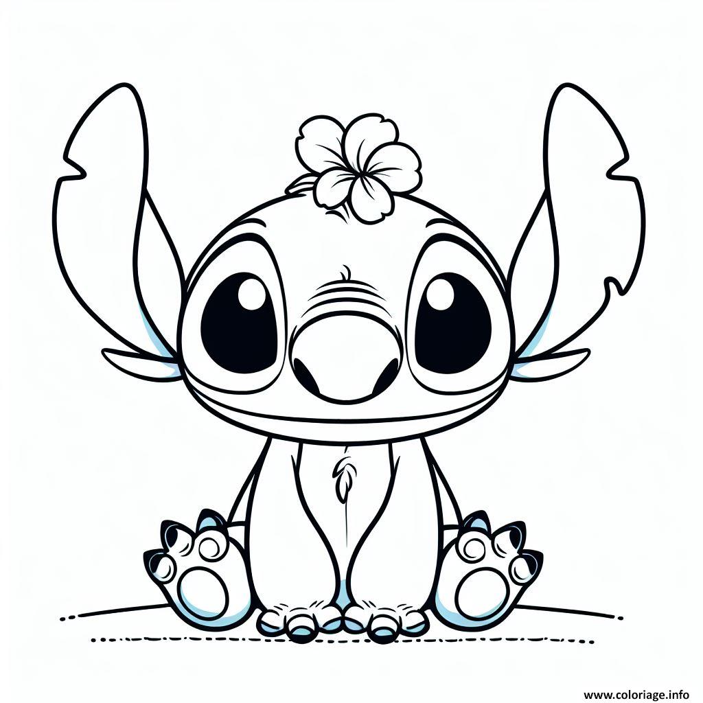 Coloriage Stitch Assis Avec Une Fleur Sur La Tete Dessin Stitch Mignon