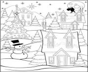 Coloriage bonhomme de neige avec un sapin et des cadeaux de noel dessin
