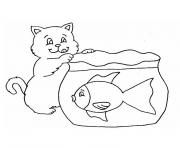 chat et poisson en bocal dessin à colorier