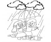 petites filles heureuses sous la pluie dessin à colorier