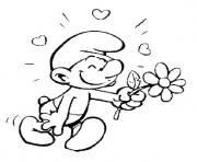 Coloriage schtroumpf amoureux avec une fleur dessin