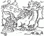 Magicien et un dragon qui fait des bulles dessin à colorier