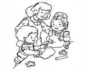 maman enfants cuisinent dessin à colorier