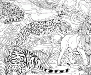 guepard tigre et lion dans la jungle dessin à colorier