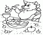 Coloriage un cochon qui mange a table