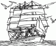 un navire proche de la cote avec des mouettes dessin à colorier