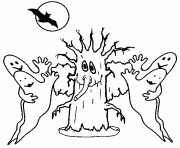 un arbre sans feuille et 4 fantomes dessin à colorier