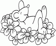 souris allongee sur des fleurs dessin à colorier
