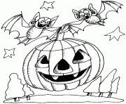 citrouille d halloween avec deux chauve souris dessin à colorier
