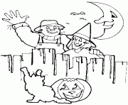 une citrouille un chat un epouvantail et une soricere pour la soiree d Halloween dessin à colorier