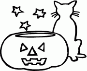 une citrouille un chat et 3 etoiles dessin à colorier