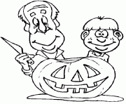 un pere et son fils preparent la citrouille d halloween dessin à colorier
