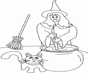 une sorciere, un balai, une marmite et un chat dessin à colorier