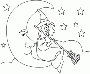 une sorciere assise sur lune conptemple les etoiles dessin à colorier