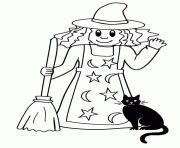 Coloriage souriante sorciere et son chat halloween