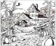 halloween adulte maison citrouilles dessin à colorier