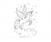 Coloriage tuto comment dessiner licorne kawaii simple tete de licorne aux contours noirs avec etoiles nuages dessin