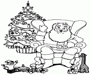 Coloriage Le pere noel assis dans un fauteuil a cote d un sapin de noel