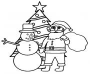 Coloriage Le pere noel devant un sapin et un bonhomme de neige dessin