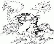 Garfield sous un palmier avec le soleil dessin à colorier