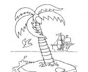 palmier avec cocotier et bateau dessin à colorier