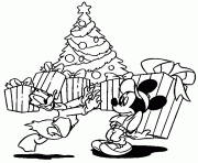 Donald et Mickey avec cadeaux deavnt le sapin de noel dessin à colorier