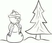 un bonhomme de neige cote d un sapin dessin à colorier