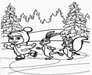 Coloriage masha et michka patinage avec ses amis dessin