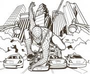 spider man au centre ville sur des voitures dessin à colorier