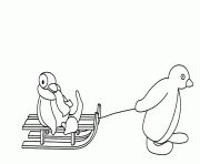 Coloriage pingouin sur une luge tire par un autre pingouin