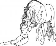 une fille se confie a son cheval dessin à colorier