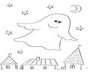 fantome halloween se promene par dessus les maisons dessin à colorier