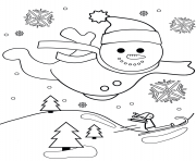 Coloriage bonhomme de neige vol au dessus dun paysage de noel