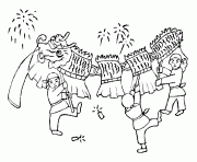 Coloriage enfant qui joue avec un dragon pour le nouvel an chinois dessin