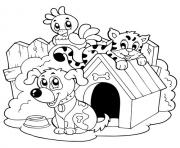 chien avec ses amis animaux dessin à colorier