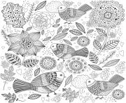 Coloriage nature fleurs oiseaux adulte dessin