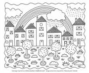 Coloriage paysage ville nature et arc en ciel dessin