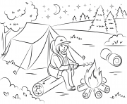 camping fille chauffe des guimauves ete vacance dessin à colorier