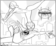 Coloriage spiderman dans la ville de newyork avec la status de la liberte dessin
