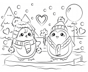 pingouin couple en amour st valentin dessin à colorier