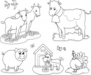 Coloriage cartoon ferme animaux cheval vache chevre lapin chien poule coq et poussin dessin