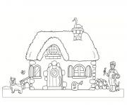 maison avec briques et animaux dessin à colorier