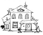 maison hantee halloween avec fantomes citrouille chat dessin à colorier
