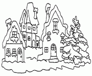des maisons sous la neige dessin à colorier